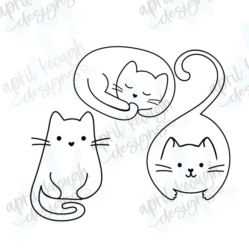 May include: A black and white line drawing of three cats. One cat is curled up sleeping, another is sitting with its tail curled around its legs, and the third is sitting with its tail curled around its body.