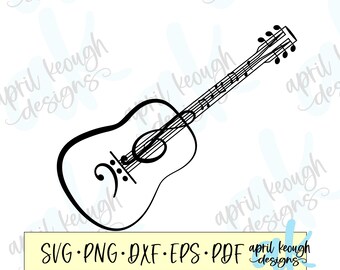 May include: A black and white line drawing of an acoustic guitar with musical notes on the strings. The guitar is drawn in a simple, stylized way.