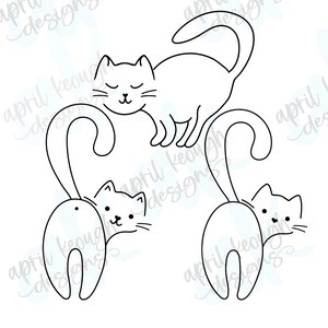 May include: A black and white line drawing of three cats. Two cats are facing the viewer with their tails curled up in a heart shape. The third cat is lying down with its head resting on the tails of the other two cats.