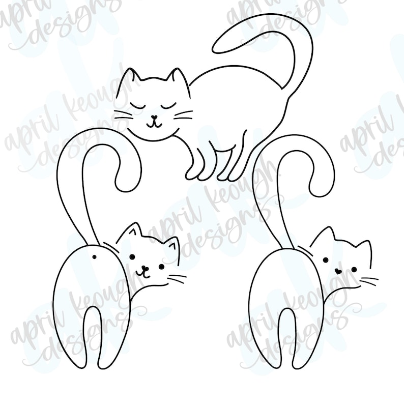 May include: A black and white line drawing of three cats. Two cats are facing the viewer with their tails curled up in a heart shape. The third cat is lying down with its head resting on the tails of the other two cats.