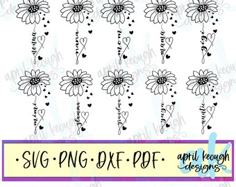 Mom Grandma names flower with hearts BUNDLE svg png/ mother's day flower cut file cricut silhouette bundle/ daisy flower mama nana mimi yaya