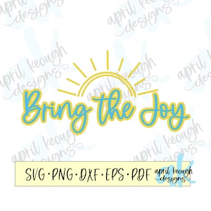 Puede incluir: Un diseño digital que presenta un sol amarillo con un arco azul y el texto "Bring the Joy" en amarillo con un contorno azul.