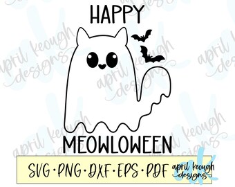 Happy Meowloween cat ghost svg png/ halloween cat svg png/ ghost cat clip art/ cute halloween cat cut file cricut silhouette/ spooky cat svg