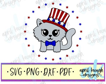 Gato patriótico svg png/ 4 de julio gato cortado archivo cricut silueta/ rojo blanco y azul gatito svg/ americat clip art/ amante de los gatos svg png