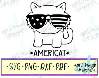 Americat cat svg png/ 4 de julio gato cortado archivo cricut silueta/ estrellas y rayas kitty svg/ patriótico gato clip art/ amante de los gatos svg png