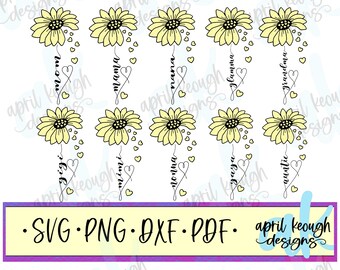 May include: A set of ten digital cut files featuring a sunflower with hearts and a word underneath. The words include "mom", "mama", "nana", "gramma", "grandma", "gigi", "mimmi", "nonna", "gaga", and "auntie".