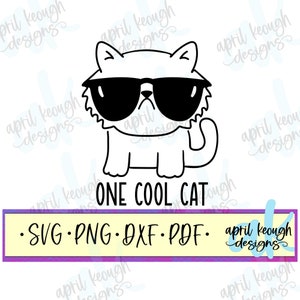 Könnte beinhalten: Eine Schwarzweiß-Zeichnung eines Katzen mit Sonnenbrille. Die Katze sitzt mit gekreuzten Beinen und hat einen selbstgefälligen Gesichtsausdruck. Der Text "ONE COOL CAT" steht unter der Katze. Das Bild ist auf weißem Hintergrund.