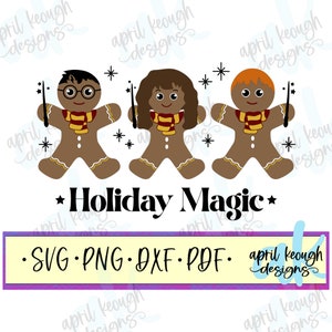 May include: Three gingerbread people with wands, wearing scarves and glasses, with the text "Holiday Magic" and "SVG PNG DXF PDF" below.