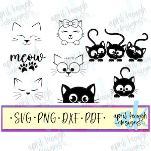 Lot de chat mignon svg png/ mignon chat noir svg png/ tête de chat coupe fichier silhouette cricut/ clipart visage de chaton/ 3 chats noirs svg/ lot de minou