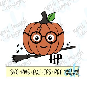 May include: A pumpkin with a friendly face wearing glasses and a lightning bolt on its forehead. The pumpkin is holding a black broom and the text "HP" is below it.