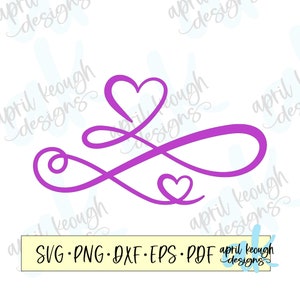 Op de afbeelding: Een paars oneindigheidssymbool met twee harten, één bovenaan en één onderaan. Het oneindigheidssymbool is een populair ontwerp voor sieraden en woonaccessoires.