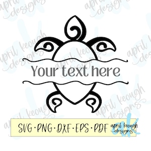 May include: Black and white line art design of a turtle with a banner that says "Your text here".