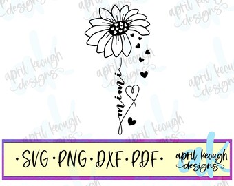 May include: Black and white digital download of a sunflower with the word "Mimi" written below it. The sunflower has small hearts inside of it and hearts falling from it. The text "SVG PNG DXF PDF" is at the bottom of the image.
