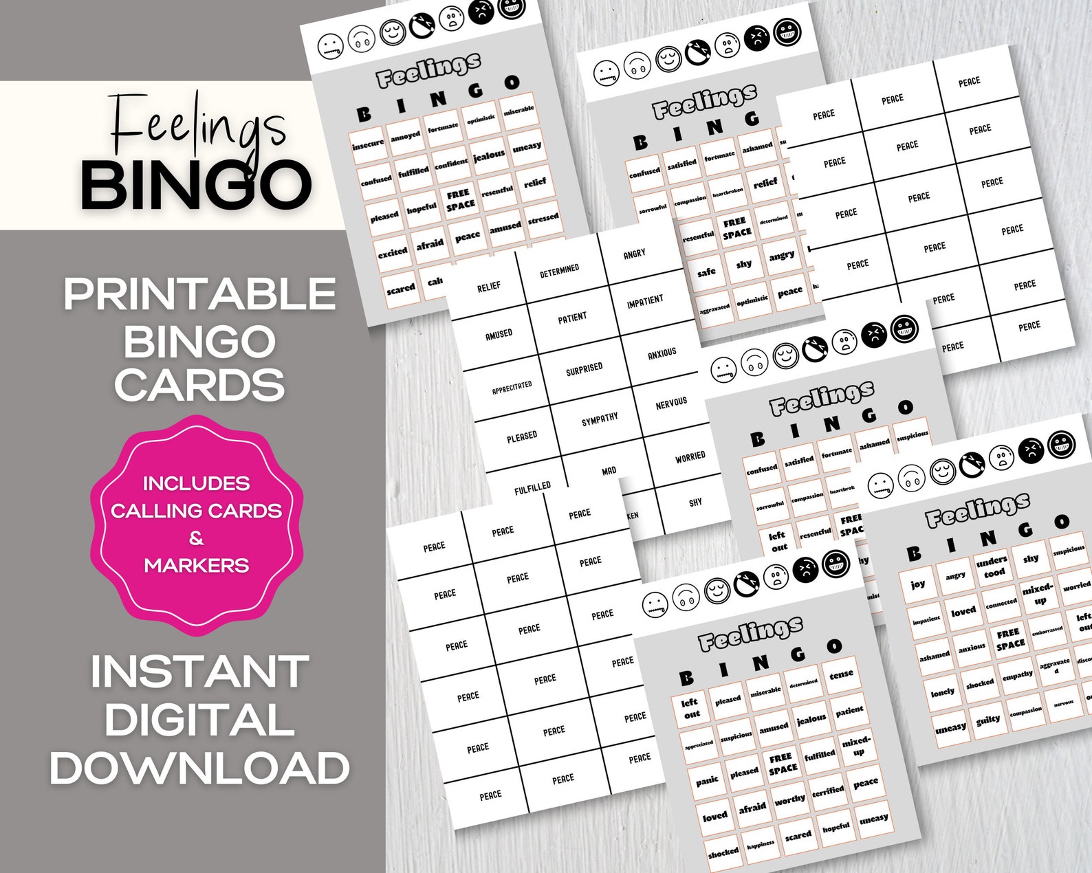 FEELINGS Bingo Cards for Kids, Feelings Games for Kids, Mental Health ...