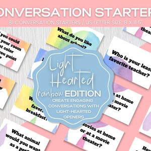 May include: Conversation starter cards with watercolour backgrounds. The cards are pink, purple, blue and yellow. The text on the cards is black. The cards are arranged in a random pattern. The text on the cards includes questions like "What do you like about school?" and "Who is your least favourite teacher?"