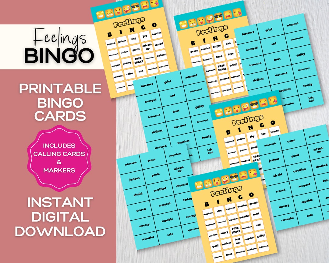 FEELINGS Bingo Cards for Kids (color), Feelings Games for Kids, Mental ...