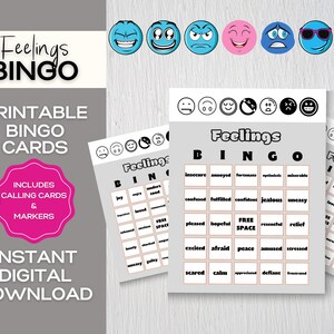 Cartas de bingo FEELINGS para crianças, jogos de sentimentos para crianças, jogo de humor para saúde mental, jogo emocional para impressão