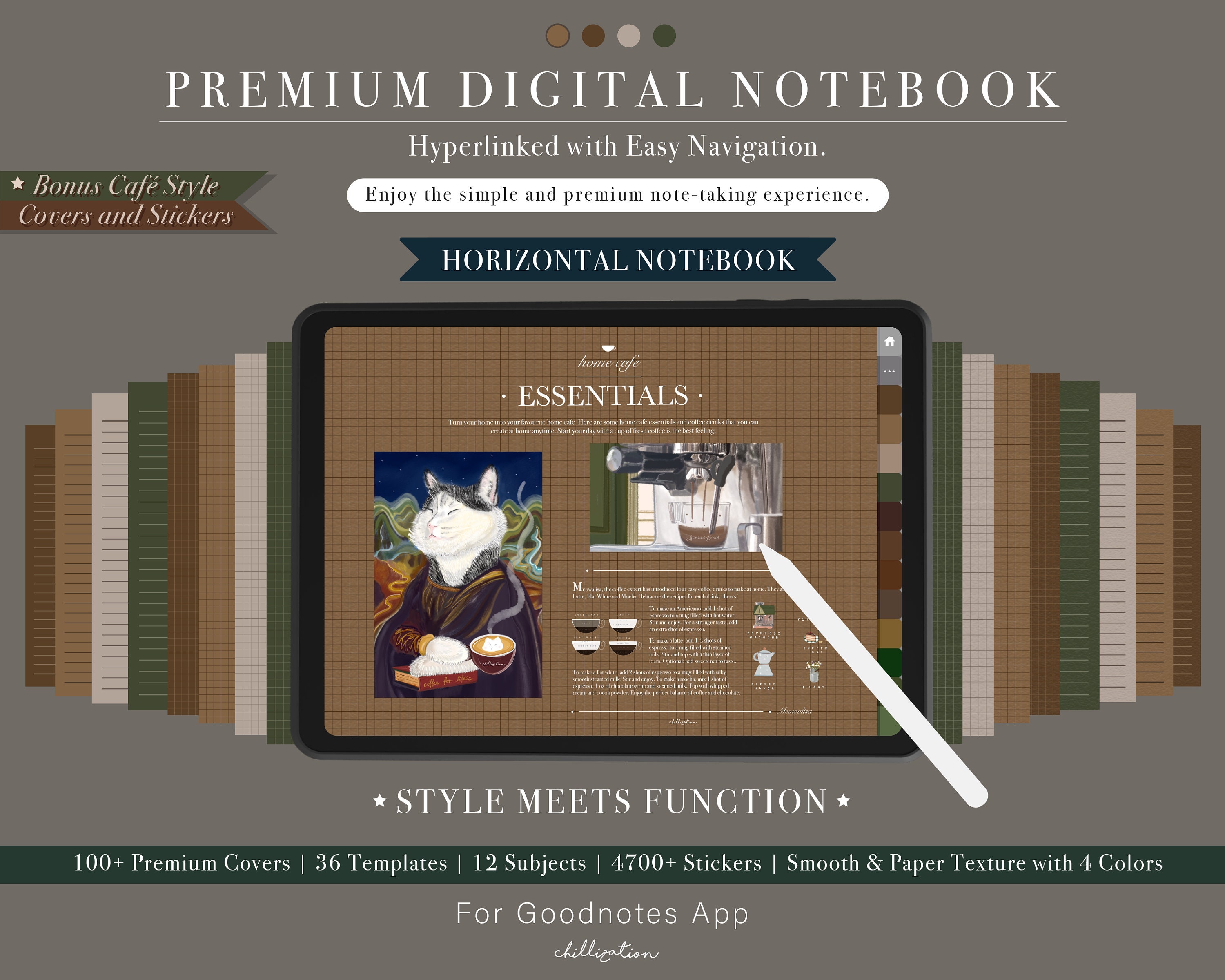 Horizontal GoodNotes Digital Notebook Cafe | 4700+ Stickers | Hyperlinked | 12 Custom Sections | 100 Covers | 36 Templates | 4 Paper Styles
