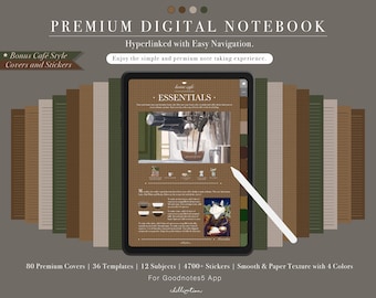 GoodNotes Digital Notebook Cafe | 4700+ Stickers | Hyperlinked Journal | 12 Custom Sections | 92 Covers | 36 Notes Styles  | 4 Paper Styles