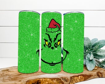 Free Shipping GREEN GRINCH FACE - Skinny Tumbler, Sublimation Design Tumbler,  Made to Order