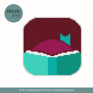 May include: A pixel art design of a whale with a teal tail, swimming in a turquoise ocean with a maroon sky above.