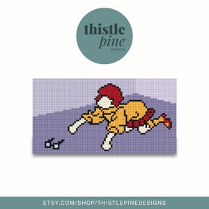 May include: Cross stitch pattern of a girl in a yellow coat with red hair reaching for a pair of glasses on a purple background.