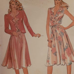May include: Vintage Butterick sewing pattern with illustrations of two dresses. One is a solid pink dress with a matching jacket, the other a floral print. The pattern number is 3573.