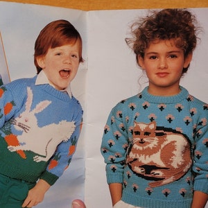 Vintage Cat Knit Sweater Kid / Adult Patterns! Cats Bunny Rabbit Dragon Ducks Elephants Sheep Pig Flowers Panda 1980s Child & Adult