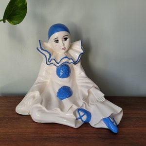 Vintage 1980s Large Clown Ceramic Figurine - Pierrot Harlequin, Sad Mime, Female Ballet, Clowns International Blue White Enchanting Circus