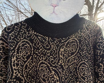 Vintage 1980s Gold and Black Women's Festive Sweater