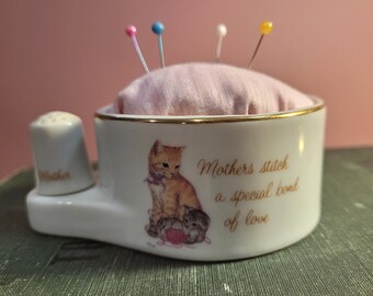 Vintage Porcelain Cat Kitten Pin Cushion: "Mother's Remembrance" Sewing Thimble