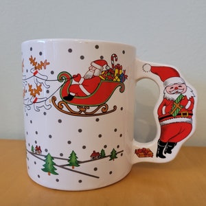 Vintage Christmas Mug - Santa in Sleigh with Reindeers!! Look at Sweet Santa Handle - Retro Illustrative Design, Enesco, Made in Japan