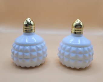 Vintage 1930s Mllk Glass Salt & Pepper Shakers w Gold Tops