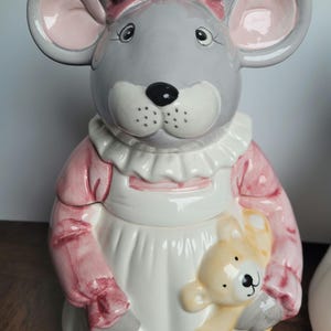 Sweet Vintage PINK Mouse Cookie Jar - Vintage Farmhouse Style, Kitchen Home Decor, Anthropomorphic Animal Jar, Mice Cookie Jar