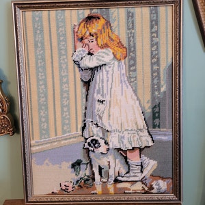 Vintage Needlepoint Tapestry, "In Disguise" by Charles Burton Barber, Girl Crying w Dog, 1980s Professionally Framed Textile Art Wall Decor
