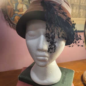Vintage 1960s Velvet Bucket Hat with Black Lace Veil