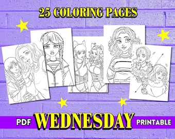 Wednesday Coloring Pages | Stress Relief Coloring | Gothic Girl Coloring Pages | Digital Printable Sheets | Spooky Cute Best Friends