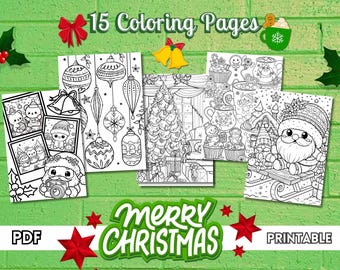 May include: A set of 15 Christmas-themed colouring pages, showcasing festive illustrations of baubles, Father Christmas, and holiday scenes. The words "Merry Christmas" and "Printable" are displayed. The pages are in black and white, ready for colouring.