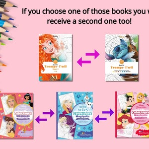 May include: Four different Disney-themed coloring books. The books feature characters from Frozen, Tangled, The Little Mermaid, and Stitch. The books are all titled "Coloriages Magiques" and feature a colorful design.