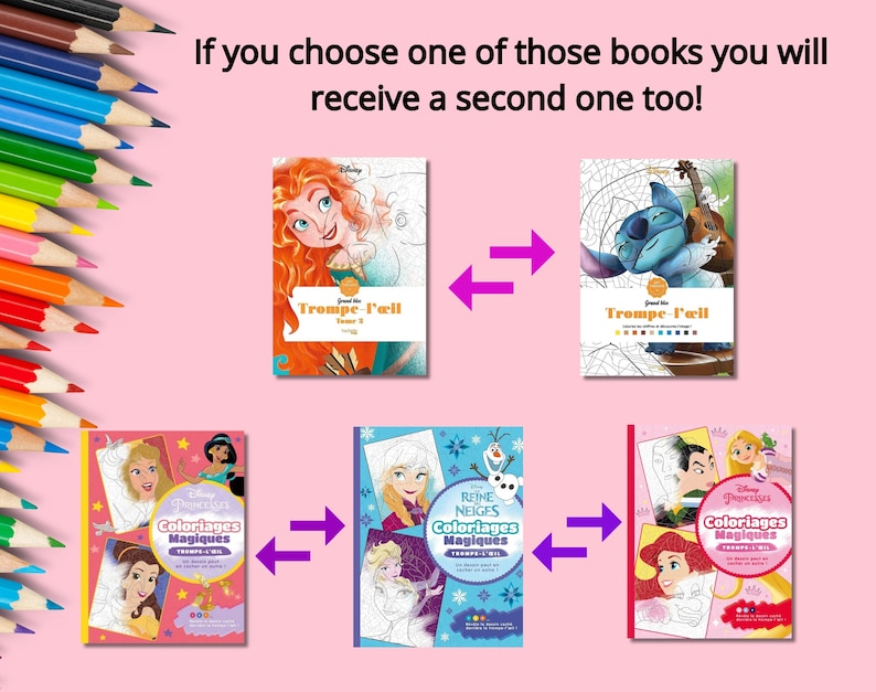 May include: Four different Disney-themed coloring books. The books feature characters from Frozen, Tangled, The Little Mermaid, and Stitch. The books are all titled "Coloriages Magiques" and feature a colorful design.