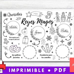 Puede incluir: PDF imprimible en blanco y negro con el texto "Queridos Reyes Magos" e ilustraciones de galletas, zanahorias y los tres reyes magos. Incluye el texto "Imprimible PDF".