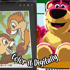 May include: Digital illustration of two brown chipmunks with red noses, one holding a red acorn. The chipmunks are in front of a green and blue background with a tree branch. The text "Color it Digitally" is at the bottom of the image.