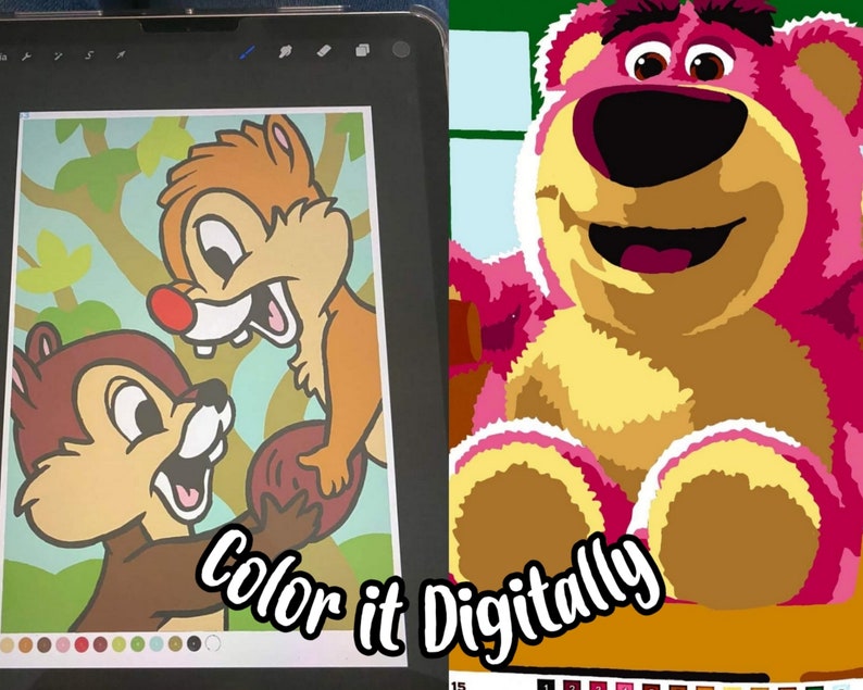 May include: Digital illustration of two brown chipmunks with red noses, one holding a red acorn. The chipmunks are in front of a green and blue background with a tree branch. The text "Color it Digitally" is at the bottom of the image.