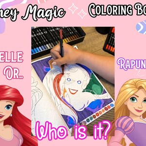 May include: A coloring book page with a partially colored image of a Disney princess with long red hair. The text "Who is it?" is written below the image. The text "Ariel or..." is written on the left side of the image. The text "Rapunzel?" is written on the right side of the image.