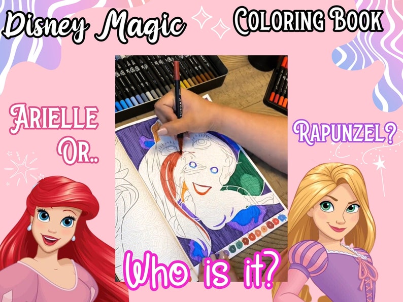 May include: A coloring book page with a partially colored image of a Disney princess with long red hair. The text "Who is it?" is written below the image. The text "Ariel or..." is written on the left side of the image. The text "Rapunzel?" is written on the right side of the image.