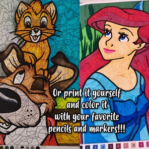 May include: Color by number coloring pages featuring a cartoon dog and cat, and a cartoon mermaid. The text on the image reads "Or print it yourself and color it with your favorite pencils and markers!!!".
