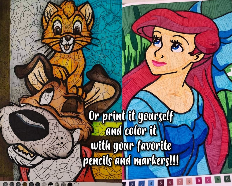 May include: Color by number coloring pages featuring a cartoon dog and cat, and a cartoon mermaid. The text on the image reads "Or print it yourself and color it with your favorite pencils and markers!!!".