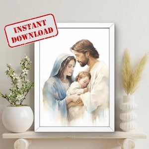 Holy Family Digital Print, St. Joseph and Baby Jesus Art, Blessed Virgin Mary Watercolor, modern Catholic Art, Catholic Digital Print