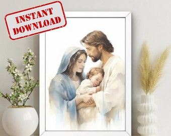 Holy Family Digital Print, St. Joseph and Baby Jesus Art, Blessed Virgin Mary Watercolor, modern Catholic Art, Catholic Digital Print