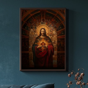 Sacred Heart of Jesus Poster, Traditional Catholic art, Renaissance art, Catholic art, Traditional Christian art, Christian poster